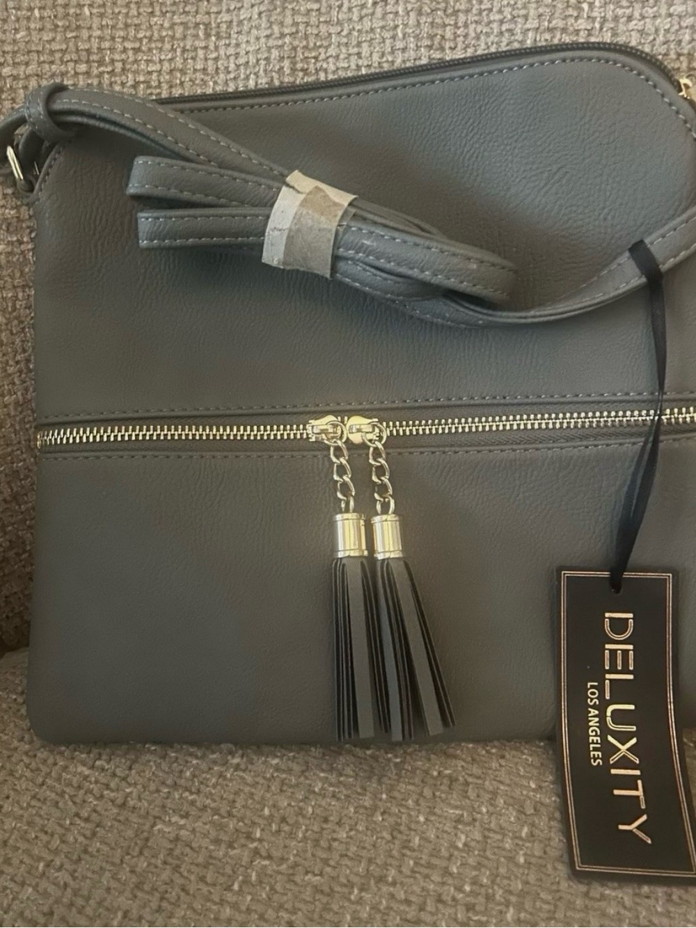 Deluxity Los Angeles Gray Tassel Crossbody Bag with Gold Hardware